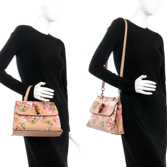 Gucci authentic top handle bag blooms pattern pink leather medium w strap - Picture 3 of 16